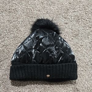 Juicy Couture Shiny Black Quilted Beanie with Pom Pom